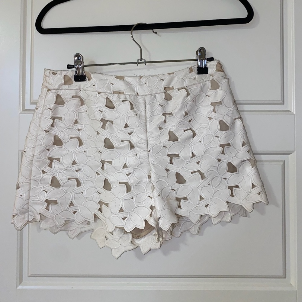 Alice and Olivia White Leather Lace Shorts